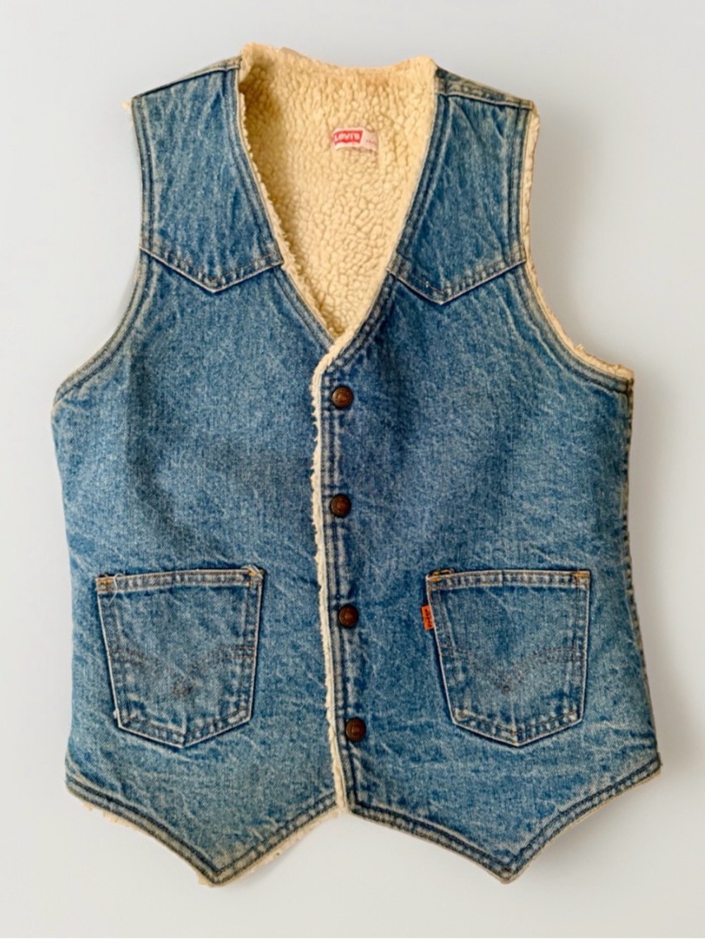 Vintage 1960s Levis Denim Vest Size S Orange Tab Sherpa Lined Western Levi’s USA